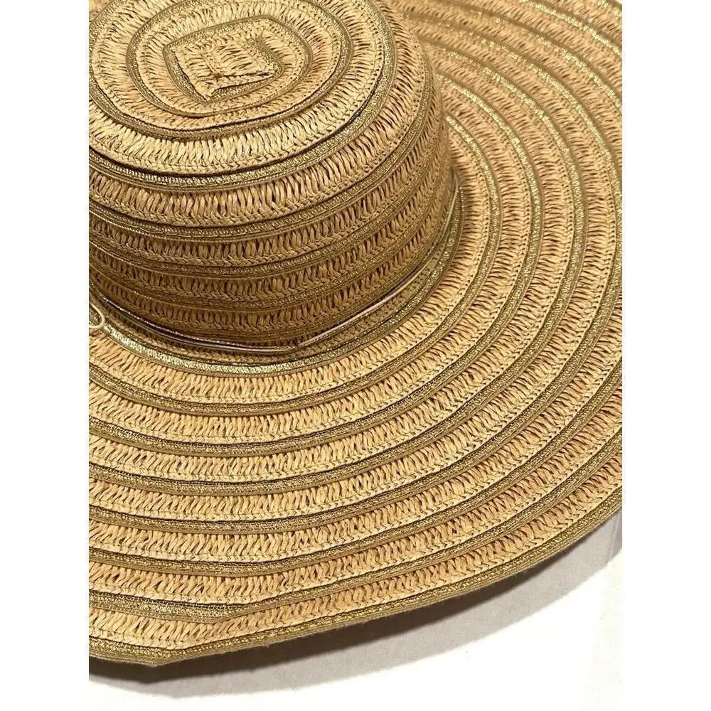 Unbranded Womens Wide Brim Straw Sun Hat Beach Floppy Gold Sparkly Fiber